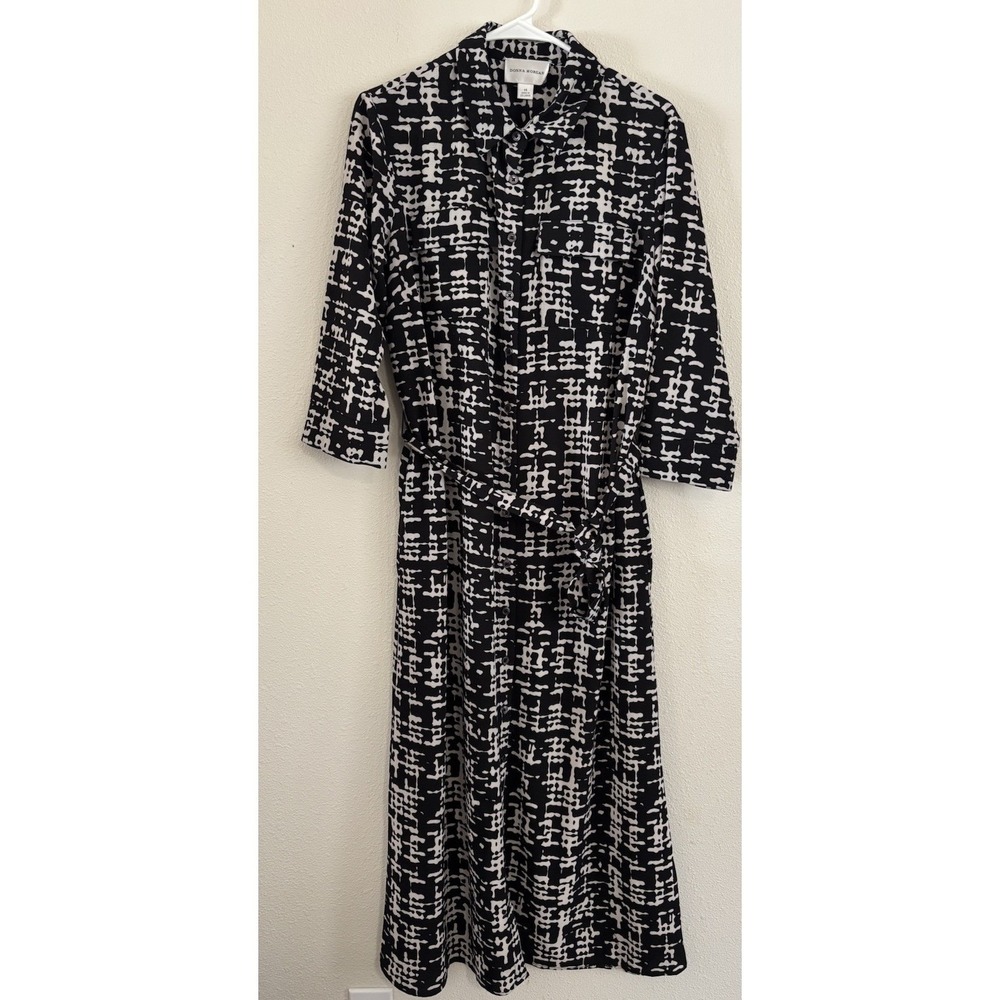 Donna Morgan Women's Size 14 Black White Abstract Print Belted Shirt Midi Dress